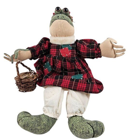 Christmas Frog Shelf Sitter Plush Doll Basket Dress Apron Croaks Jingle Bells - Picture 6 of 9